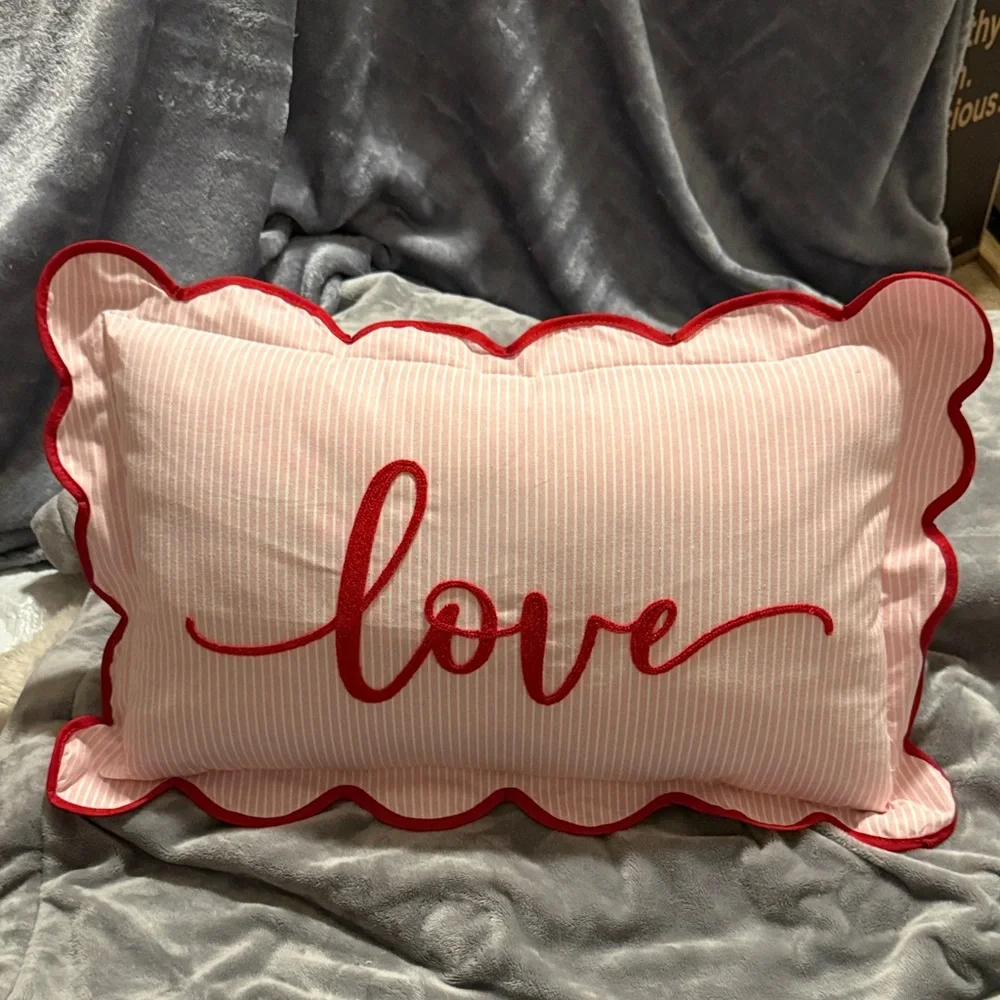Hobby Lobby Pink Stripe Pillow with Red Script & Scalloped Trim